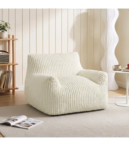 Sillón de Suelo de Pana con Respaldo Reposabrazos Acolchado Grueso Sin Estructura Sin Montaje Blanco Crema