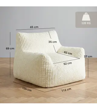 Sillón de Suelo de Pana con Respaldo Reposabrazos Acolchado Grueso Sin Estructura Sin Montaje Blanco Crema