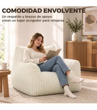 Sillón de Suelo de Pana con Respaldo Reposabrazos Acolchado Grueso Sin Estructura Sin Montaje Blanco Crema
