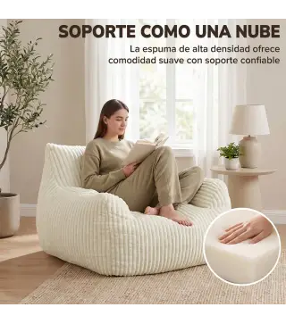 Sillón de Suelo de Pana con Respaldo Reposabrazos Acolchado Grueso Sin Estructura Sin Montaje Blanco Crema