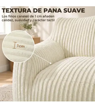 Sillón de Suelo de Pana con Respaldo Reposabrazos Acolchado Grueso Sin Estructura Sin Montaje Blanco Crema