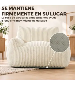 Sillón de Suelo de Pana con Respaldo Reposabrazos Acolchado Grueso Sin Estructura Sin Montaje Blanco Crema