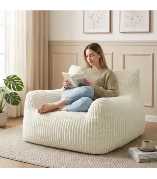 Sillón de Suelo de Pana con Respaldo Reposabrazos Acolchado Grueso Sin Estructura Sin Montaje Blanco Crema