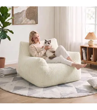 Sillón de Suelo de Pana con Respaldo Reposabrazos Acolchado Grueso Sin Estructura Sin Montaje Blanco Crema