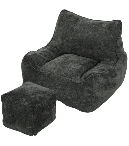 Sillón de Suelo con Reposapiés en Chenilla Sin Estructura con Respaldo Reposabrazos Acolchado Grueso Sin Montaje Gris