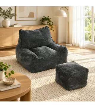Sillón de Suelo con Reposapiés en Chenilla Sin Estructura con Respaldo Reposabrazos Acolchado Grueso Sin Montaje Gris