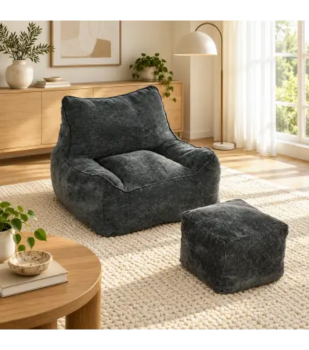 Sillón de Suelo con Reposapiés en Chenilla Sin Estructura con Respaldo Reposabrazos Acolchado Grueso Sin Montaje Gris