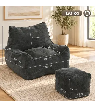 Sillón de Suelo con Reposapiés en Chenilla Sin Estructura con Respaldo Reposabrazos Acolchado Grueso Sin Montaje Gris
