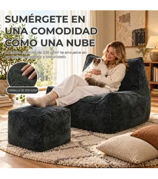 Sillón de Suelo con Reposapiés en Chenilla Sin Estructura con Respaldo Reposabrazos Acolchado Grueso Sin Montaje Gris