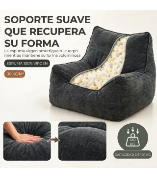 Sillón de Suelo con Reposapiés en Chenilla Sin Estructura con Respaldo Reposabrazos Acolchado Grueso Sin Montaje Gris