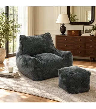 Sillón de Suelo con Reposapiés en Chenilla Sin Estructura con Respaldo Reposabrazos Acolchado Grueso Sin Montaje Gris