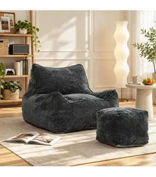 Sillón de Suelo con Reposapiés en Chenilla Sin Estructura con Respaldo Reposabrazos Acolchado Grueso Sin Montaje Gris