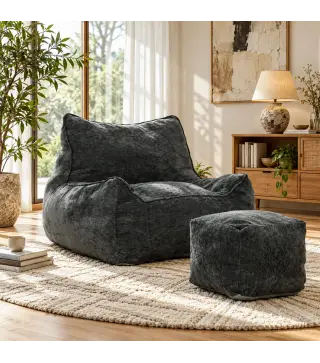 Sillón de Suelo con Reposapiés en Chenilla Sin Estructura con Respaldo Reposabrazos Acolchado Grueso Sin Montaje Gris