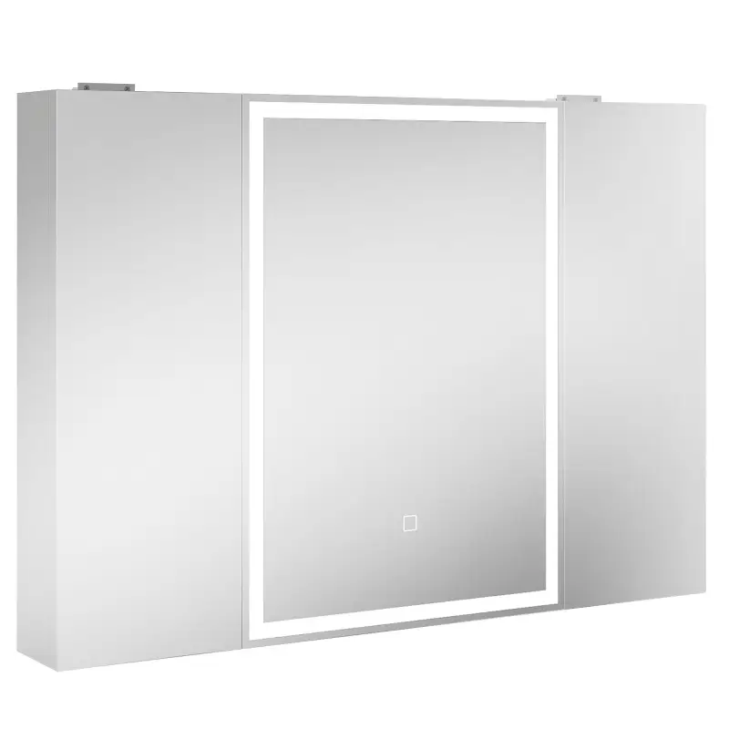 Armario de Baño con Espejo de LED Toma de Corriente 3 Puertas Antivaho Estantes Ajustables de Vidrio Templado Blanco Armario de Baño con Espejo de LED Toma de Corriente 3 Puertas Antivaho Estantes Ajustables de Vidrio Templado Blanco