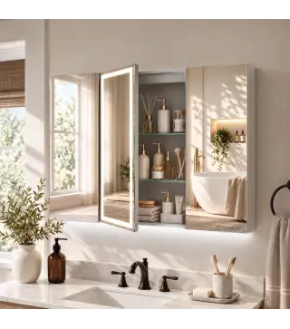 Armario de Baño con Espejo de LED Toma de Corriente 3 Puertas Antivaho Estantes Ajustables de Vidrio Templado Blanco
