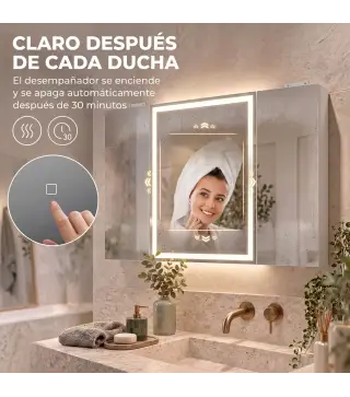 Armario de Baño con Espejo de LED Toma de Corriente 3 Puertas Antivaho Estantes Ajustables de Vidrio Templado Blanco
