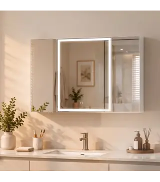 Armario de Baño con Espejo de LED Toma de Corriente 3 Puertas Antivaho Estantes Ajustables de Vidrio Templado Blanco
