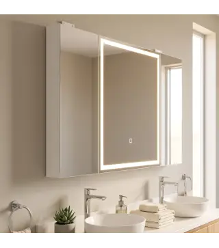 Armario de Baño con Espejo de LED Toma de Corriente 3 Puertas Antivaho Estantes Ajustables de Vidrio Templado Blanco