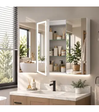 Armario de Baño con Espejo de LED Toma de Corriente 3 Puertas Antivaho Estantes Ajustables de Vidrio Templado Blanco
