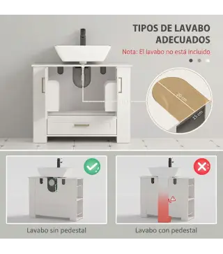 Mueble Bajo Lavabo Estantes en la Puerta Portarrollos Cajón Compartimentos Abiertos para Lavabo sin Pedestal Blanco