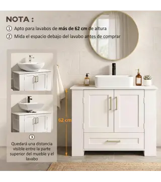 Mueble Bajo Lavabo Estantes en la Puerta Portarrollos Cajón Compartimentos Abiertos para Lavabo sin Pedestal Blanco