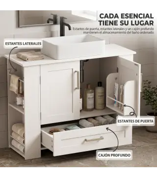 Mueble Bajo Lavabo Estantes en la Puerta Portarrollos Cajón Compartimentos Abiertos para Lavabo sin Pedestal Blanco