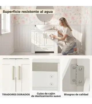 Mueble Bajo Lavabo Estantes en la Puerta Portarrollos Cajón Compartimentos Abiertos para Lavabo sin Pedestal Blanco