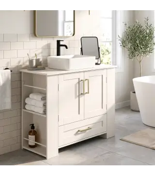 Mueble Bajo Lavabo Estantes en la Puerta Portarrollos Cajón Compartimentos Abiertos para Lavabo sin Pedestal Blanco