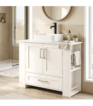 Mueble Bajo Lavabo Estantes en la Puerta Portarrollos Cajón Compartimentos Abiertos para Lavabo sin Pedestal Blanco