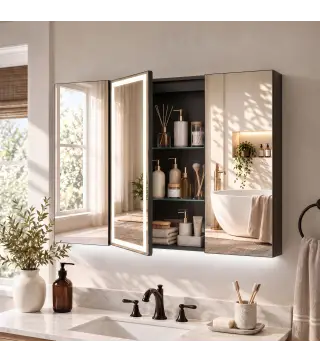 Armario de Baño con Espejo de LED Toma de Corriente 3 Puertas Antivaho Estantes Ajustables de Vidrio Templado Negro