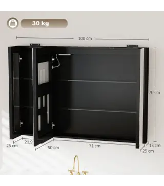 Armario de Baño con Espejo de LED Toma de Corriente 3 Puertas Antivaho Estantes Ajustables de Vidrio Templado Negro