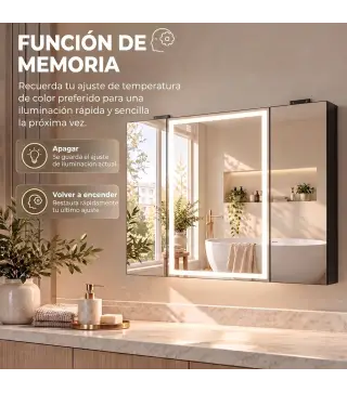 Armario de Baño con Espejo de LED Toma de Corriente 3 Puertas Antivaho Estantes Ajustables de Vidrio Templado Negro