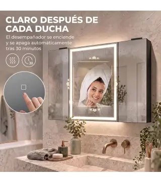 Armario de Baño con Espejo de LED Toma de Corriente 3 Puertas Antivaho Estantes Ajustables de Vidrio Templado Negro