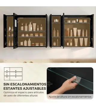 Armario de Baño con Espejo de LED Toma de Corriente 3 Puertas Antivaho Estantes Ajustables de Vidrio Templado Negro