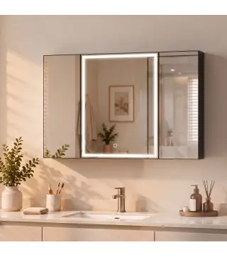Armario de Baño con Espejo de LED Toma de Corriente 3 Puertas Antivaho Estantes Ajustables de Vidrio Templado Negro