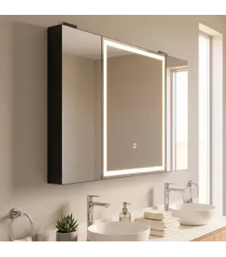 Armario de Baño con Espejo de LED Toma de Corriente 3 Puertas Antivaho Estantes Ajustables de Vidrio Templado Negro