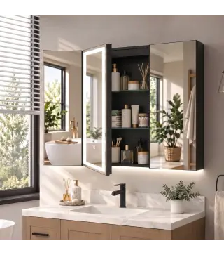 Armario de Baño con Espejo de LED Toma de Corriente 3 Puertas Antivaho Estantes Ajustables de Vidrio Templado Negro