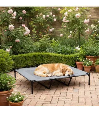 Cama Elevada para Perros Grandes Cama para Perros con Zona de Malla Transpirable y Bolsa 122x92x23 cm Gris Claro