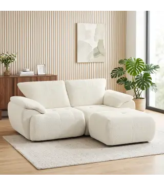 Sofá Modular en L de 2 Plazas con Otomana Reversible Sofá de Chenilla con Asiento Ancho No Requiere Montaje Crema