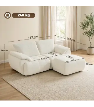 Sofá Modular en L de 2 Plazas con Otomana Reversible Sofá de Chenilla con Asiento Ancho No Requiere Montaje Crema