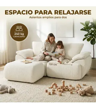 Sofá Modular en L de 2 Plazas con Otomana Reversible Sofá de Chenilla con Asiento Ancho No Requiere Montaje Crema