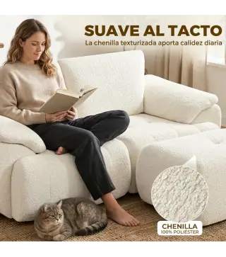 Sofá Modular en L de 2 Plazas con Otomana Reversible Sofá de Chenilla con Asiento Ancho No Requiere Montaje Crema