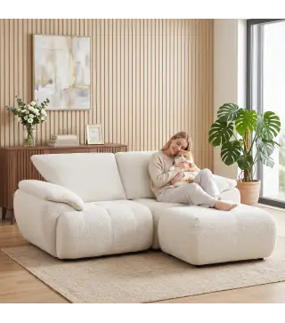 Sofá Modular en L de 2 Plazas con Otomana Reversible Sofá de Chenilla con Asiento Ancho No Requiere Montaje Crema
