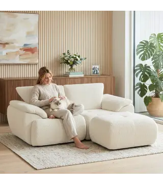 Sofá Modular en L de 2 Plazas con Otomana Reversible Sofá de Chenilla con Asiento Ancho No Requiere Montaje Crema