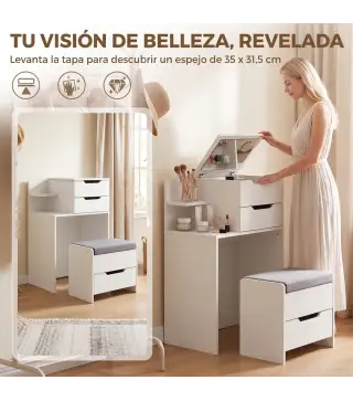 Tocador con Espejo Abatible y Espejo de Aumento Taburete Acolchado con Ruedas 2 Cajones y Balda Abierta Blanco