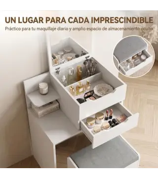 Tocador con Espejo Abatible y Espejo de Aumento Taburete Acolchado con Ruedas 2 Cajones y Balda Abierta Blanco