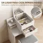 Tocador con Espejo Abatible y Espejo de Aumento Taburete Acolchado con Ruedas 2 Cajones y Balda Abierta Blanco