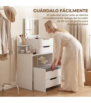Tocador con Espejo Abatible y Espejo de Aumento Taburete Acolchado con Ruedas 2 Cajones y Balda Abierta Blanco