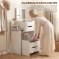 Tocador con Espejo Abatible y Espejo de Aumento Taburete Acolchado con Ruedas 2 Cajones y Balda Abierta Blanco