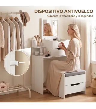 Tocador con Espejo Abatible y Espejo de Aumento Taburete Acolchado con Ruedas 2 Cajones y Balda Abierta Blanco